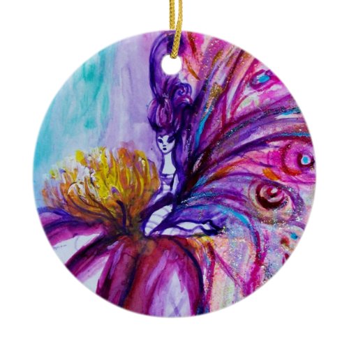 WHIMSICAL CUTE FLOWER FAIRY IN PINK,GOLD SPARKLES CERAMIC ORNAMENT