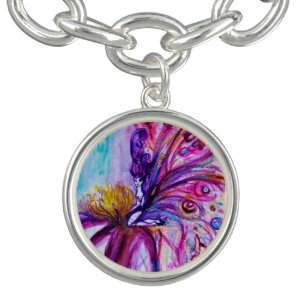 WHIMSICAL CUTE FLOWER FAIRY IN PINK,GOLD SPARKLES CHARM BRACELET