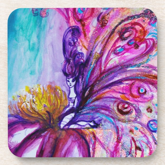 WHIMSICAL CUTE FLOWER FAIRY IN PINK,GOLD SPARKLES COASTER (Front)