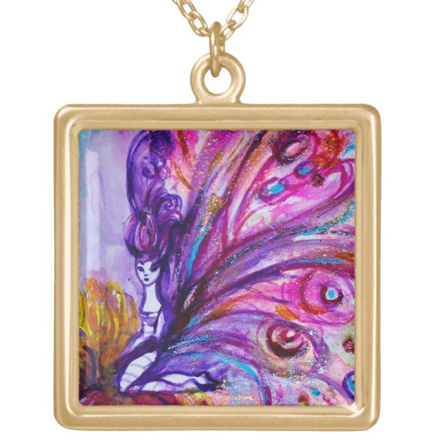 WHIMSICAL CUTE FLOWER FAIRY IN PINK,GOLD SPARKLES GOLD PLATED NECKLACE (Front)