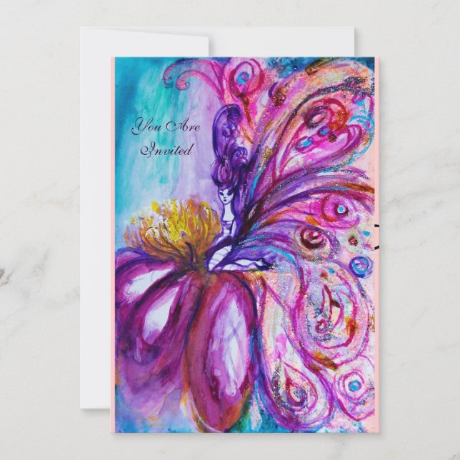 WHIMSICAL CUTE FLOWER FAIRY IN PINK,GOLD SPARKLES INVITATION (Front)