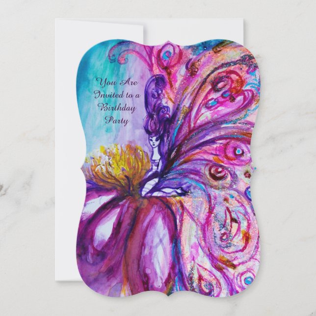 WHIMSICAL CUTE FLOWER FAIRY IN PINK,GOLD SPARKLES INVITATION (Front)
