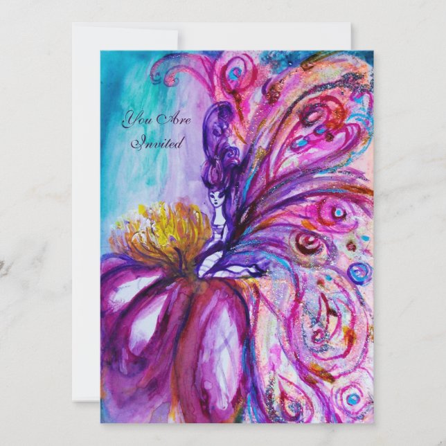 WHIMSICAL CUTE FLOWER FAIRY IN PINK,GOLD SPARKLES INVITATION (Front)