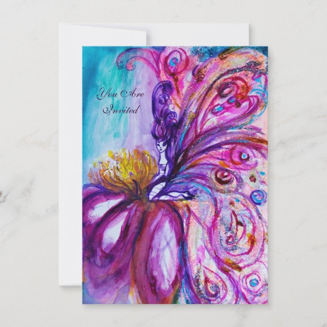 WHIMSICAL CUTE FLOWER FAIRY IN PINK,GOLD SPARKLES INVITATION (Front)