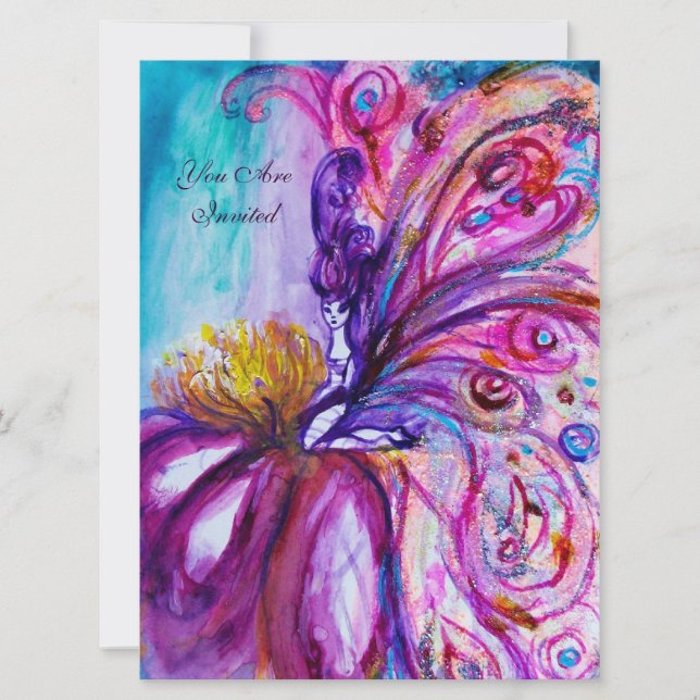 WHIMSICAL CUTE FLOWER FAIRY IN PINK,GOLD SPARKLES INVITATION (Front)