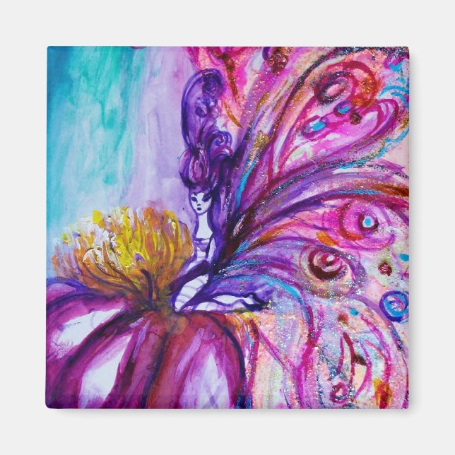 WHIMSICAL CUTE FLOWER FAIRY IN PINK,GOLD SPARKLES MAGNET (Front)