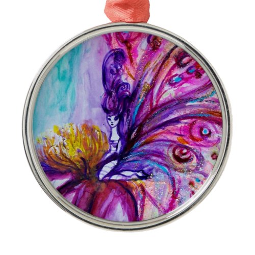 WHIMSICAL CUTE FLOWER FAIRY IN PINK,GOLD SPARKLES METAL ORNAMENT