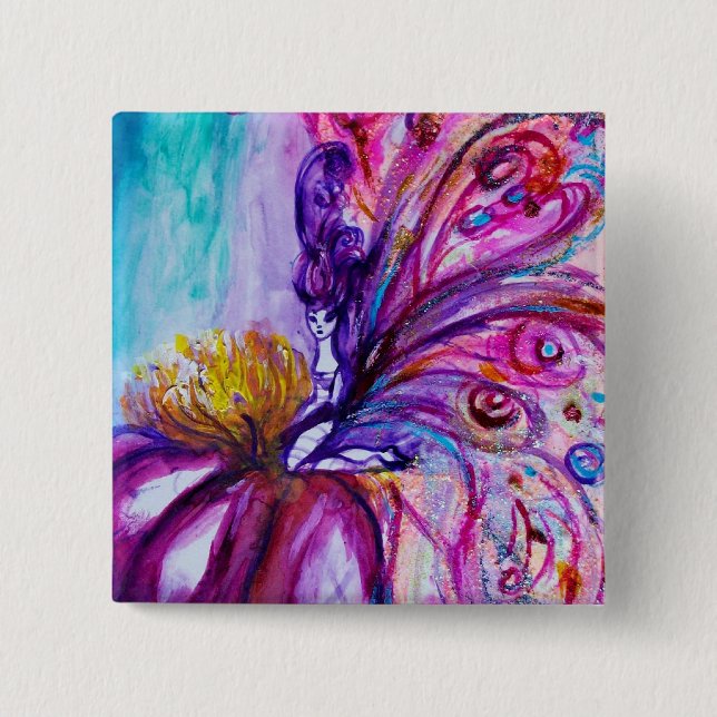 WHIMSICAL CUTE FLOWER FAIRY IN PINK,GOLD SPARKLES PINBACK BUTTON (Front)