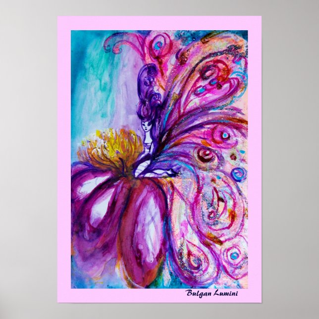 WHIMSICAL CUTE FLOWER FAIRY IN PINK,GOLD SPARKLES POSTER (Front)