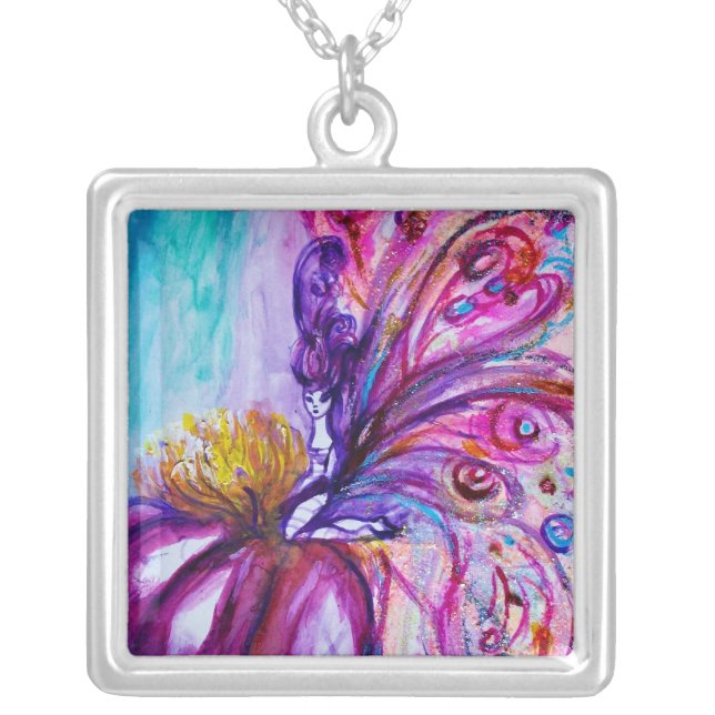 WHIMSICAL CUTE FLOWER FAIRY IN PINK,GOLD SPARKLES SILVER PLATED NECKLACE (Front)