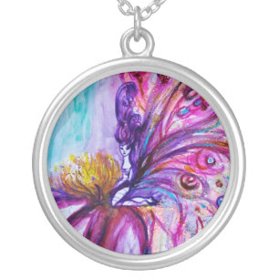 WHIMSICAL CUTE FLOWER FAIRY IN PINK,GOLD SPARKLES SILVER PLATED NECKLACE