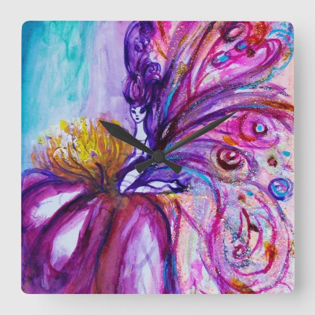 WHIMSICAL CUTE FLOWER FAIRY IN PINK,GOLD SPARKLES SQUARE WALL CLOCK (Front)