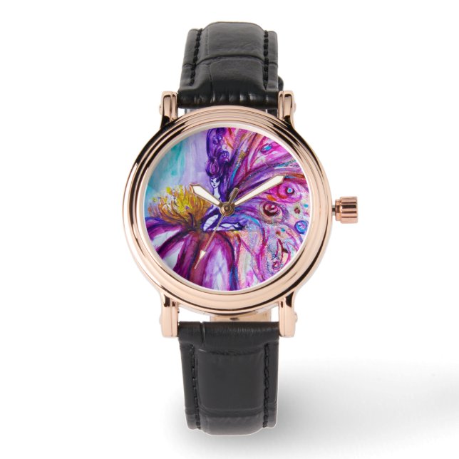 WHIMSICAL CUTE FLOWER FAIRY IN PINK,GOLD SPARKLES WATCH (Front)