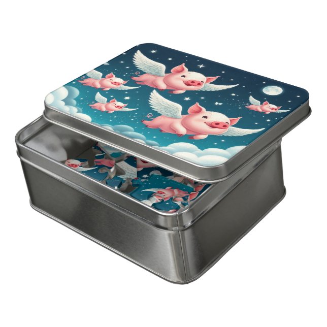Whimsical Cute Flying Pigs in Starry Night Sky Jigsaw Puzzle (Lid Open)