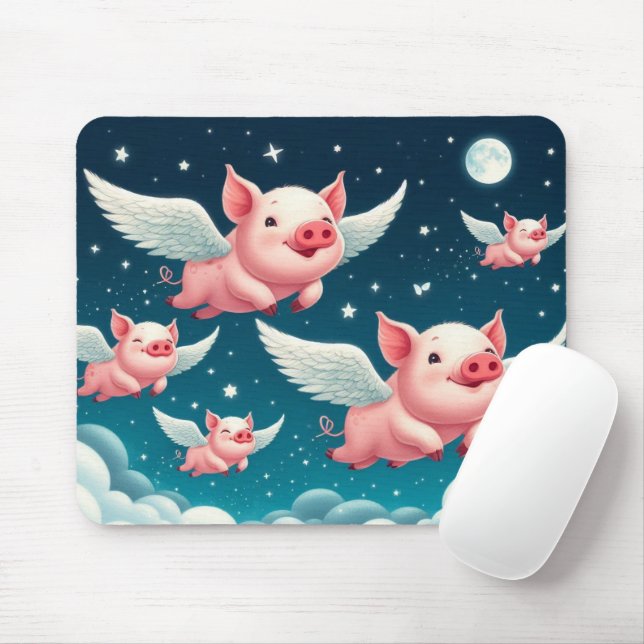 Whimsical Cute Flying Pigs in Starry Night Sky Mouse Pad (With Mouse)