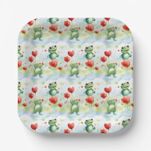 Whimsical cute frogs with red balloons paper plates