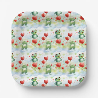 Whimsical cute frogs with red balloons paper plates