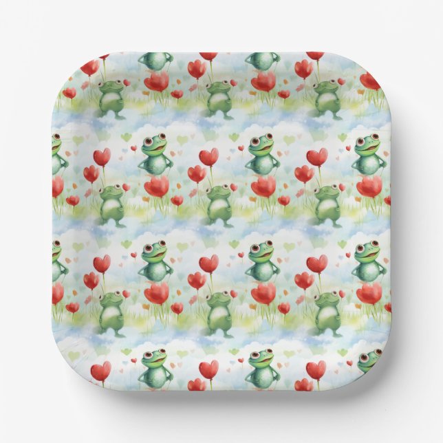 Whimsical cute frogs with red balloons paper plates (Front)