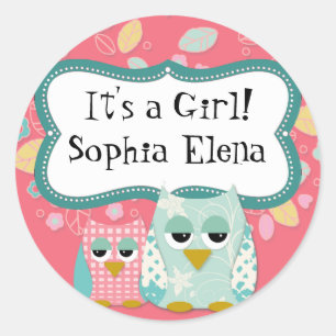 Whimsical Cute Fun Swirl Owl Baby Shower Stickers