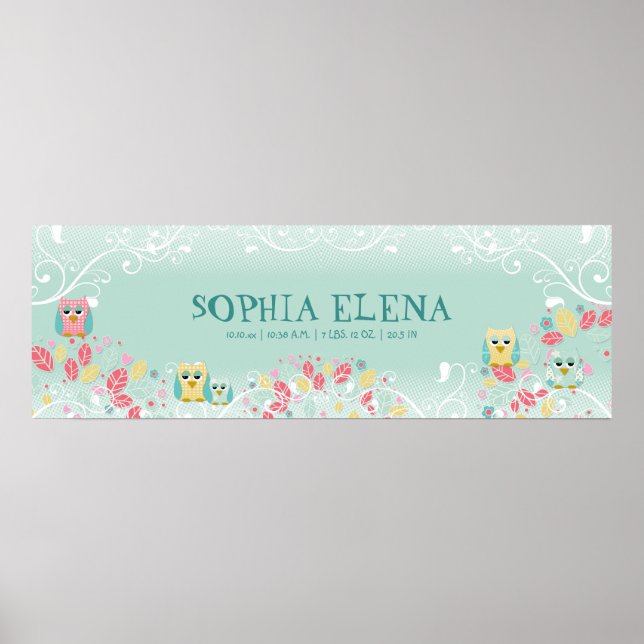 Whimsical Cute Fun Swirl Owl Owls Baby Name Wall Poster (Front)
