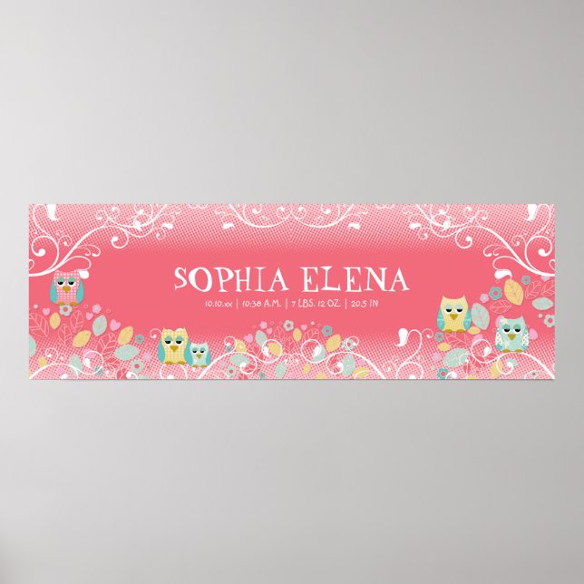 Whimsical Cute Fun Swirl Owl Owls Baby Name Wall Poster (Front)