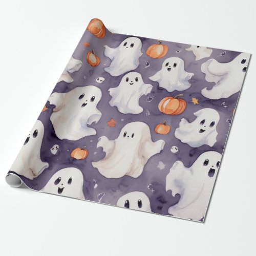 Whimsical cute ghost halloween delight watercolor  wrapping paper