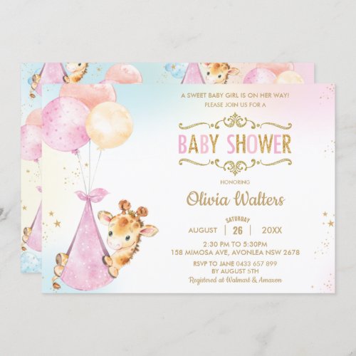 Whimsical Cute Giraffe Balloons Baby Shower Girl I Invitation