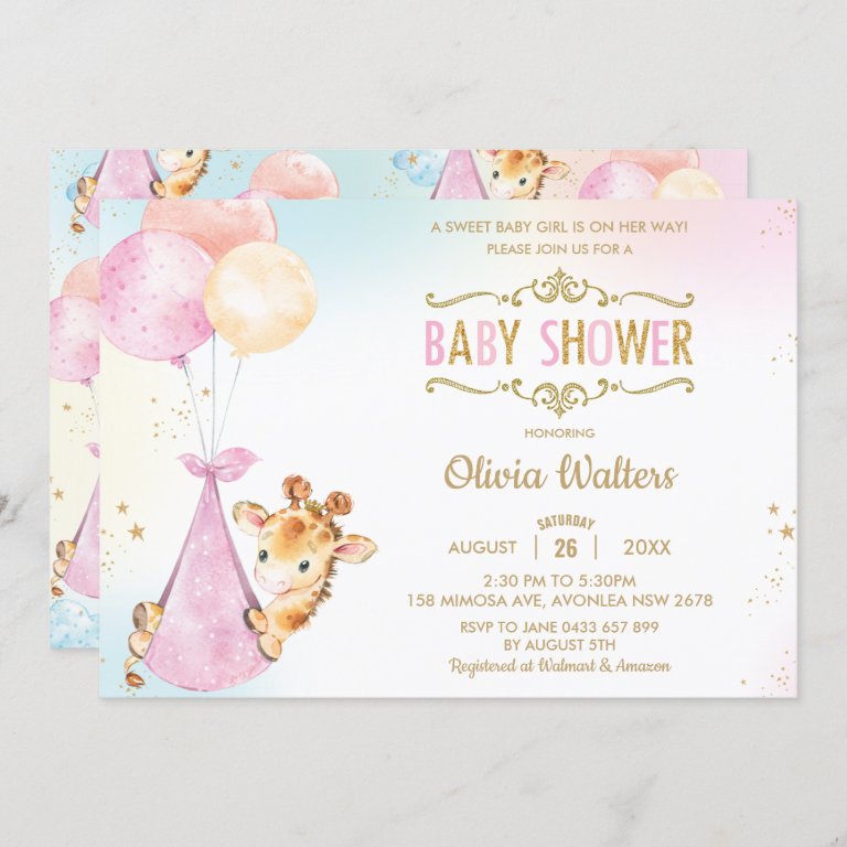 Whimsical Cute Giraffe Balloons Baby Shower Girl                    I Invitation