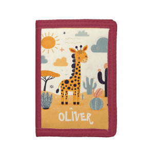 Whimsical Cute Giraffe in Savanna Tri-fold Wallet