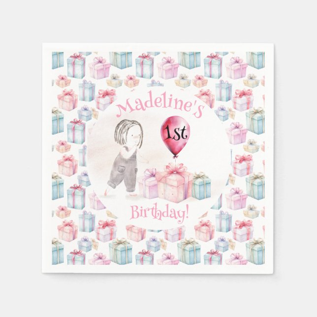 Whimsical Cute Girl 1st Birthday Pink Balloon Gift Napkins (Front)