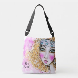Whimsical Cute Girl Curly Hair Hippie Boho Pink Crossbody Bag