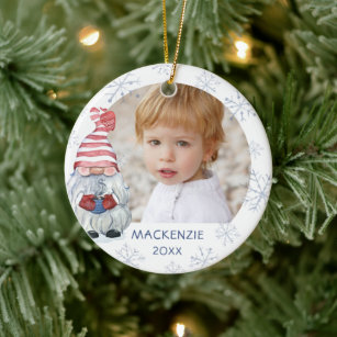 Whimsical Cute Gnome Snowflake Photo Name Year Ceramic Ornament