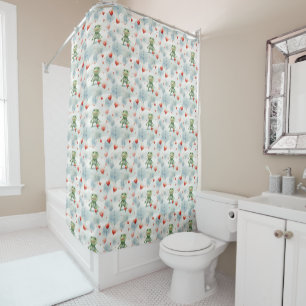Whimsical cute green frogs red balloons shower curtain