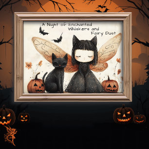Whimsical Cute Halloween Fairy & Cat Fantasy Art Poster