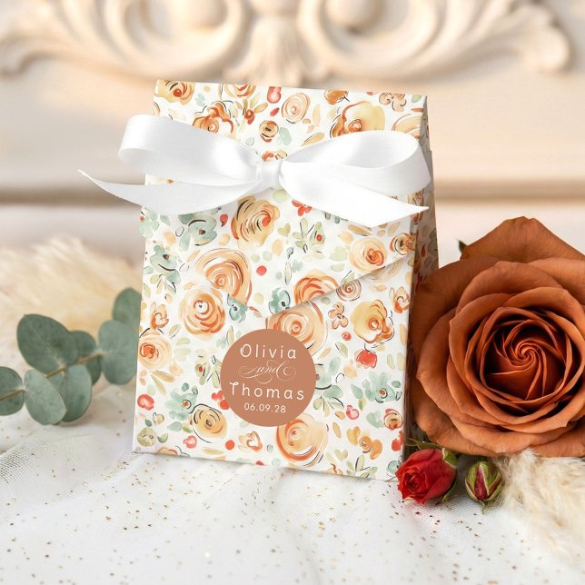 Whimsical Cute Hand Drawn Earthy Flowers Wedding Favor Boxes (Wedding Favor Boxes in Earthy Fall Hues with Hand-drawn Flowers Doodles Pattern)