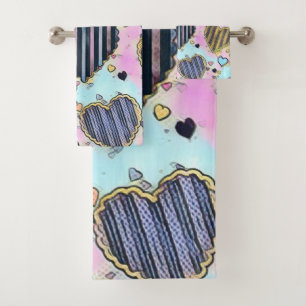 Whimsical cute hearts colorful drawing bath towel set