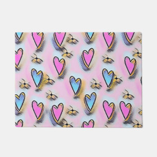 Whimsical cute hearts colorful drawing doormat