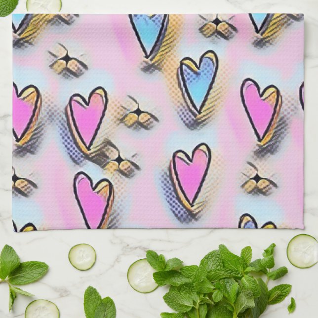 Whimsical cute hearts colorful drawing   kitchen towel (Folded)