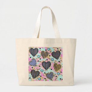 Whimsical cute hearts colorful drawing large tote bag