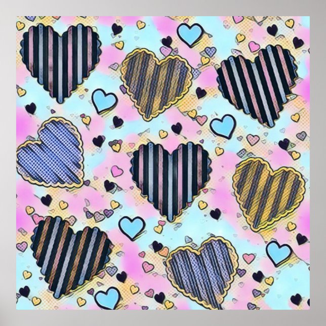 Whimsical cute hearts colorful drawing   poster (Front)
