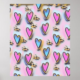 Whimsical cute hearts colorful drawing   poster