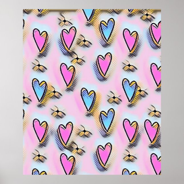 Whimsical cute hearts colorful drawing   poster (Front)