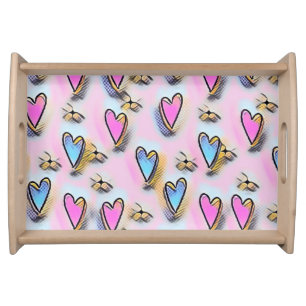 Whimsical cute hearts colorful drawing serving tray