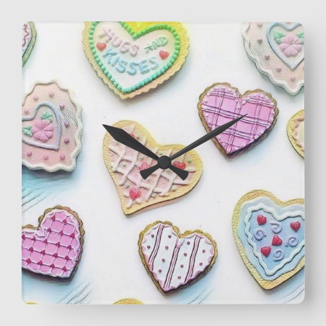Whimsical cute hearts colorful Drawing  Square Wall Clock (Front)