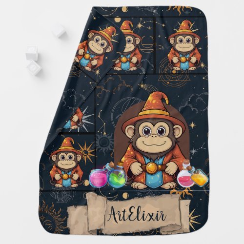 Whimsical Cute Kawaii Wizard Monkey Print Baby Blanket