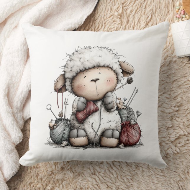 Whimsical Cute Knitting Sheep Throw Pillow (Blanket)