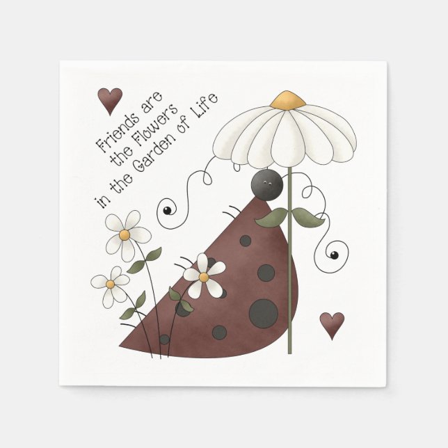 Whimsical Cute Ladybug and Daisy Friendship Quote Napkins (Front)