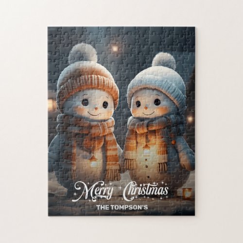 Whimsical cute little snowmen in the snow jigsaw puzzle