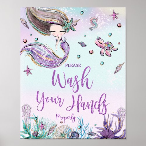 Whimsical Cute Mermaid Wash Your Hands Bathroom Poster