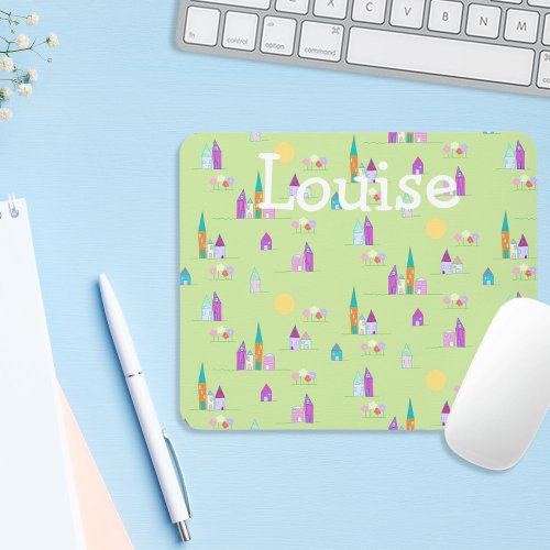 Whimsical cute miniature town life mouse pad